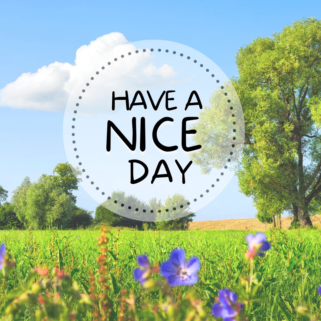 A scenic outdoor view featuring a lush, green field with scattered purple and blue wildflowers. Trees are in the background beneath a clear blue sky with a few clouds. Text in the center, within a dotted circle, reads "GOOD MORNING, HAVE A NICE DAY.”