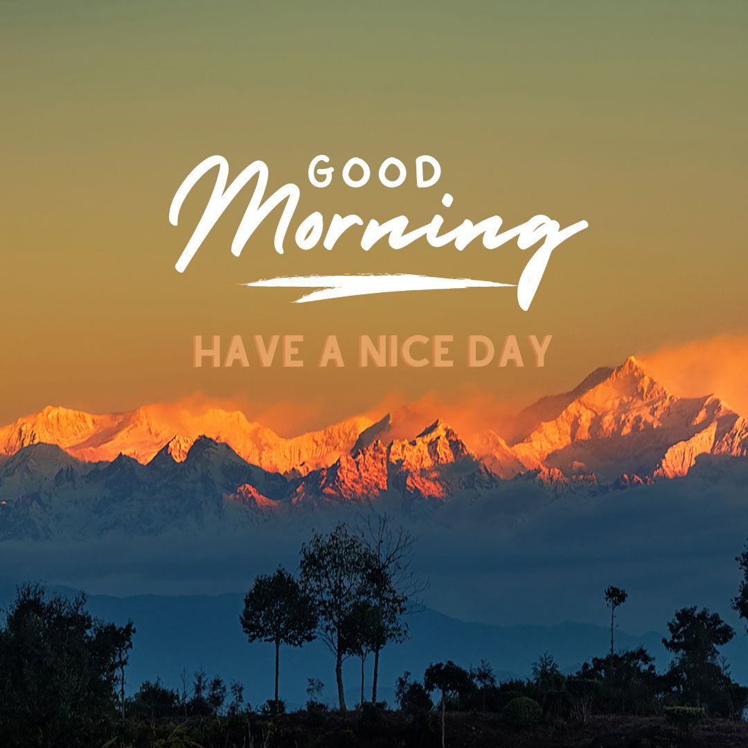 A scenic view of snow-capped mountains at sunrise, with a golden-orange glow illuminating the peaks. In the foreground, there are silhouettes of trees and bushes. The image features the text "Good Morning" in large white script and "Have a Nice Day" below it.