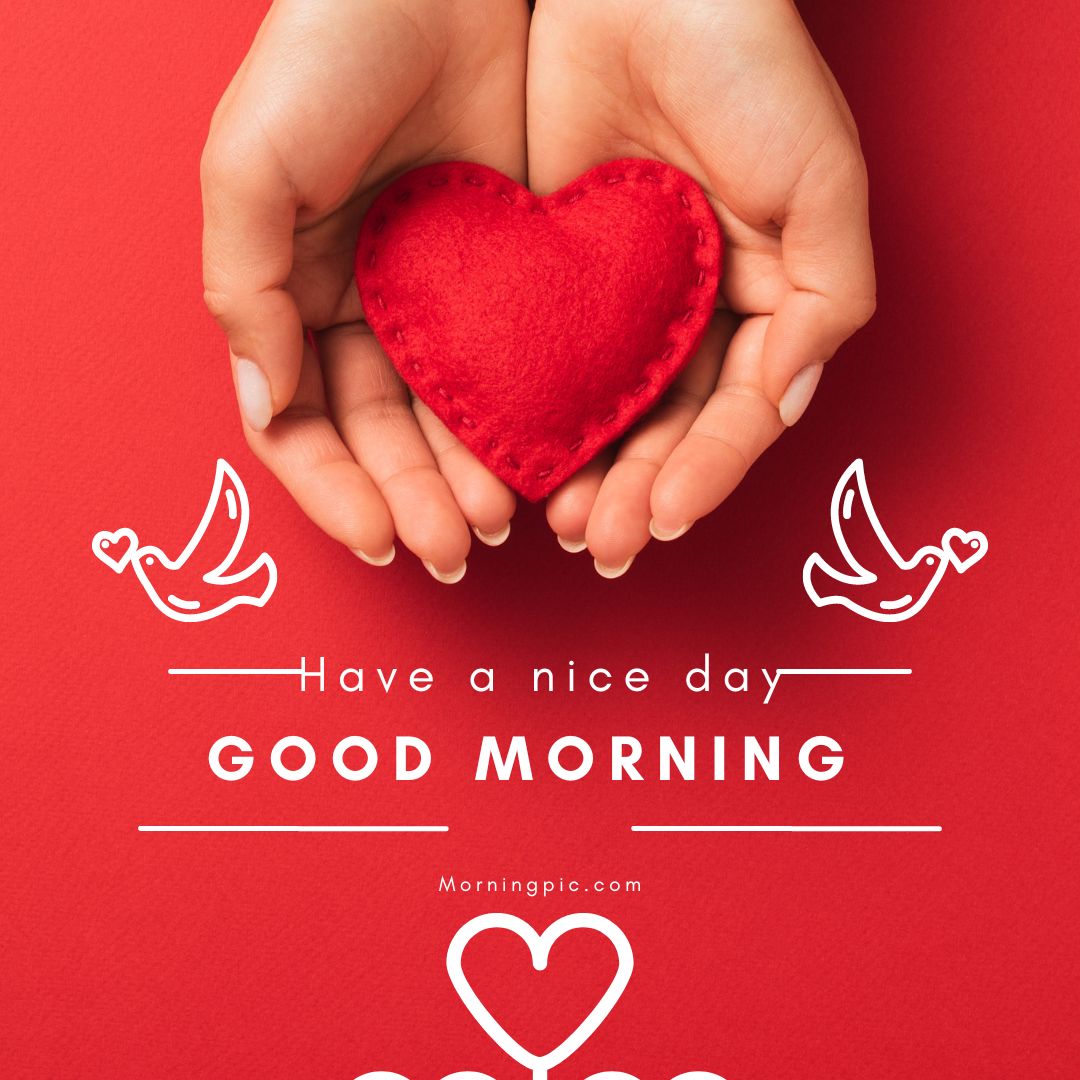 Two hands gently hold a red, heart-shaped cushion against a red background. Below the hands, the text reads "Have a nice day, Good Morning." The design includes two small white doves and hearts, adding a loving and cheerful vibe, perfect for good morning have a nice day images.