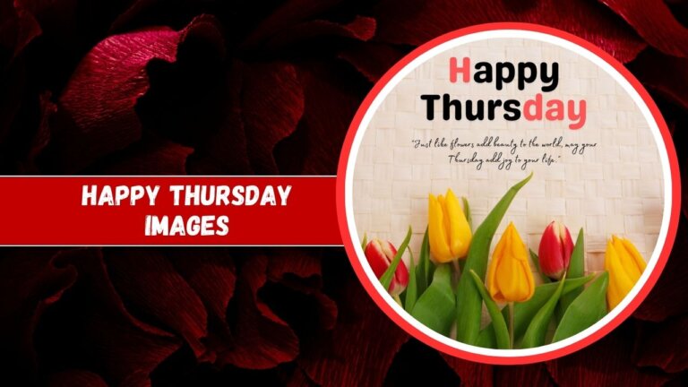 A graphic featuring "Happy Thursday Images" with vibrant yellow and orange tulips on one side, and a backdrop of deep red rose petals on the other.