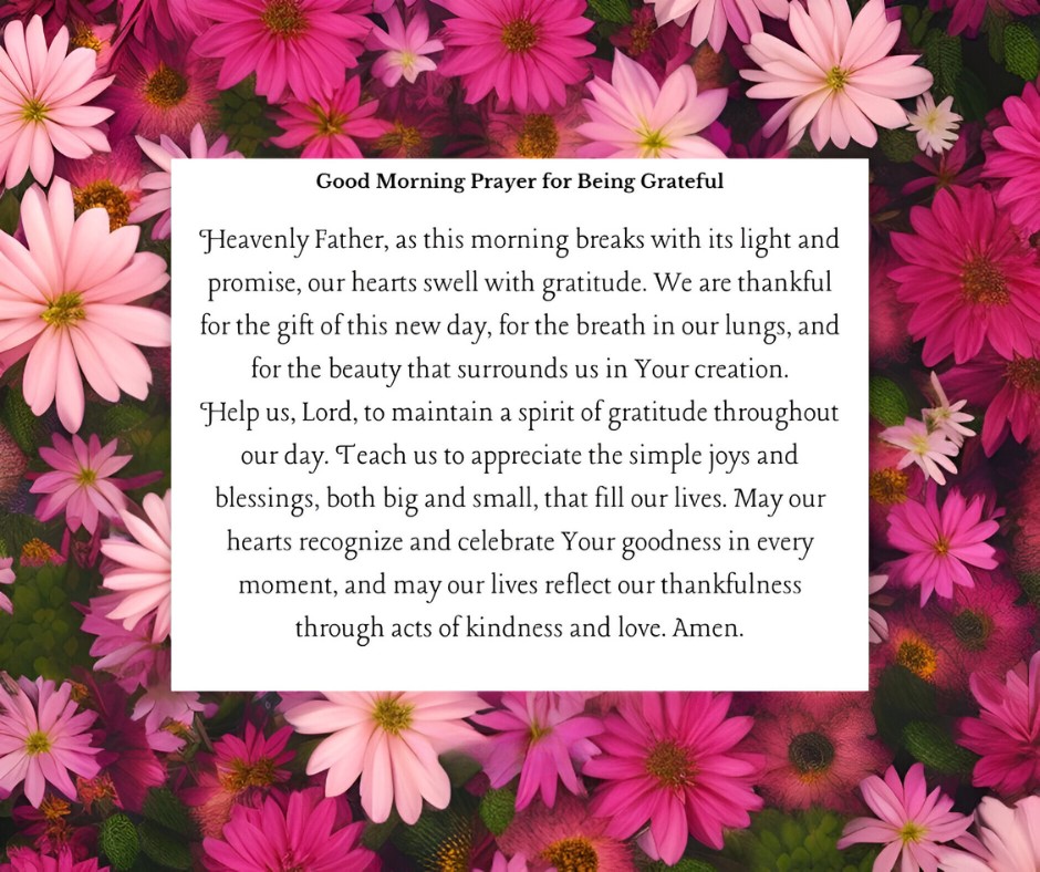 Good Morning Prayer for Being Grateful set against a vibrant background of pink daisy flowers, emphasizing a heartfelt prayer of thanks for the beauty of nature, the breath of life, and daily blessings.