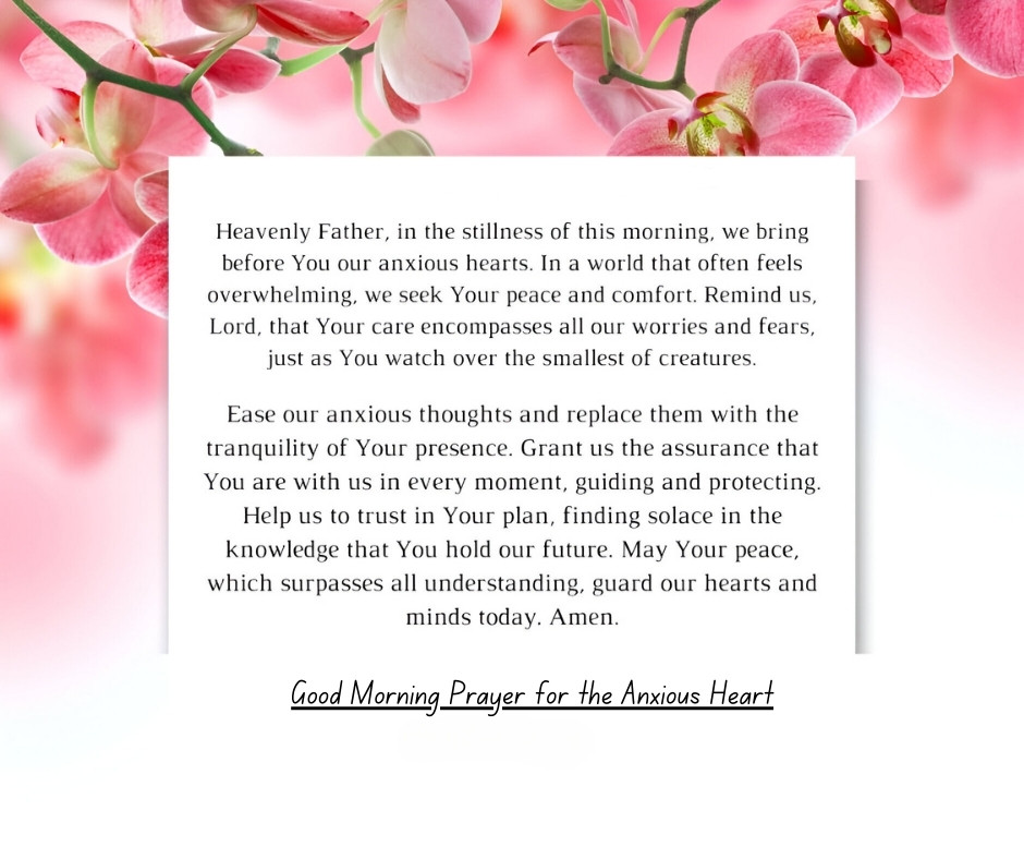 Good Morning Prayer for the Anxious Heart displayed on a delicate pink orchid background, offering a comforting prayer for peace, guidance, and reassurance in moments of anxiety.