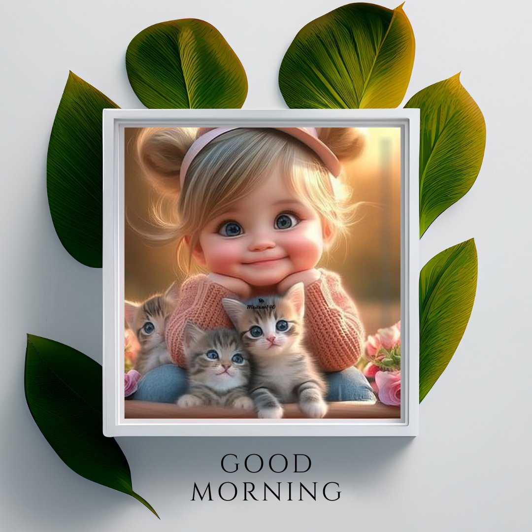 Good Morning Baby Images of a cheerful animated baby girl with big blue eyes and two pigtails, wearing a pink sweater and hugging three adorable kittens, framed by lush green leaves with a 'Good Morning' greeting.