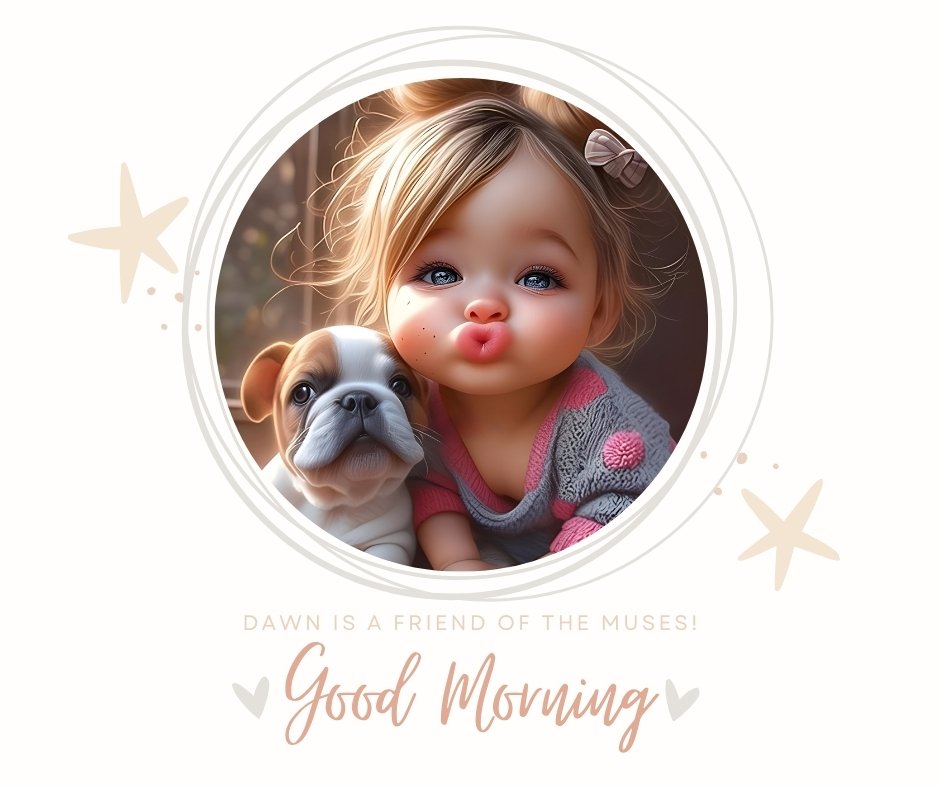 Illustration of a cute baby with big eyes and pouty lips, wearing a knitted sweater, next to an adorable puppy with a wrinkled face. Both are inside a circular frame with pastel-colored stars. The text reads, "Dawn is a friend of the muses! Good Morning Baby Images HD.