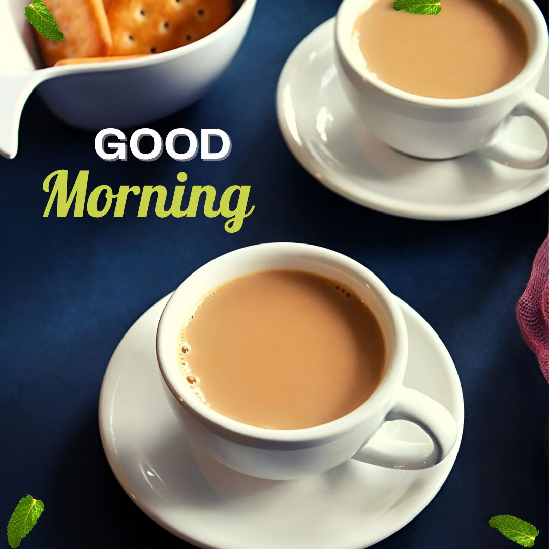 Good morning tea image showing two cups of creamy tea served on a vibrant blue table, accompanied by a bowl of crackers, inviting a fresh start to the day under the bright greeting "Good Morning."