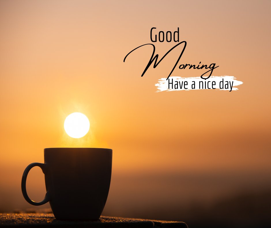 A silhouette of a coffee mug against a sunrise background. The sun appears to be rising above the rim of the mug, creating a warm orange glow. The text reads "Good Morning" in an elegant font, followed by "Have a great day" on a white brushstroke.