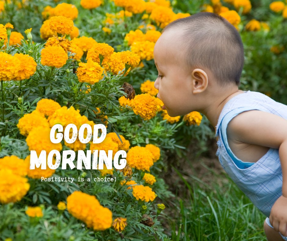 Good Morning Baby Images of a curious toddler in a blue outfit intently smelling vibrant orange marigold flowers, with the inspiring caption 'Good Morning - Positivity is a choice!'