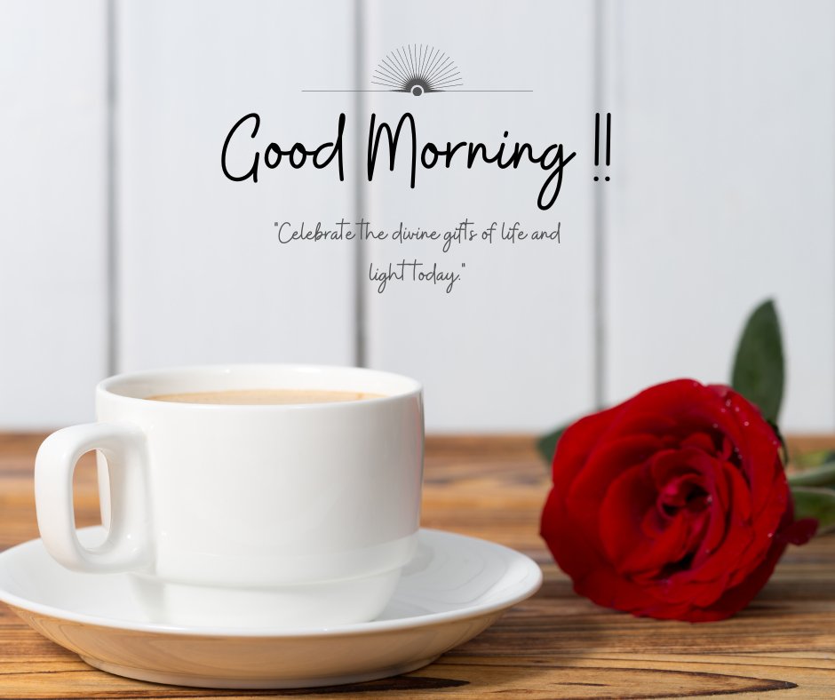 Good morning blessings image featuring a close-up of a steaming coffee mug on a saucer next to a vibrant red rose, with a quote about celebrating life and light today, set against a wooden table and white panel backdrop.