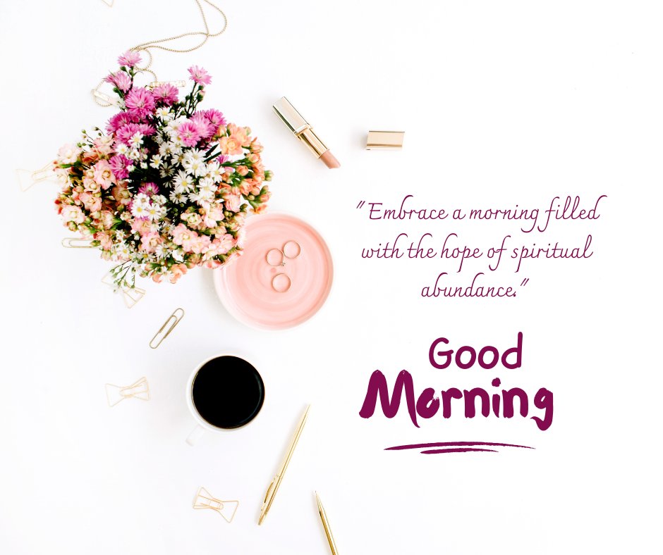 Good morning blessings image featuring a creative flat lay with a vibrant bouquet of mixed flowers, a coffee cup, makeup items, and stationery on a white background, with a quote about embracing a morning of spiritual abundance.