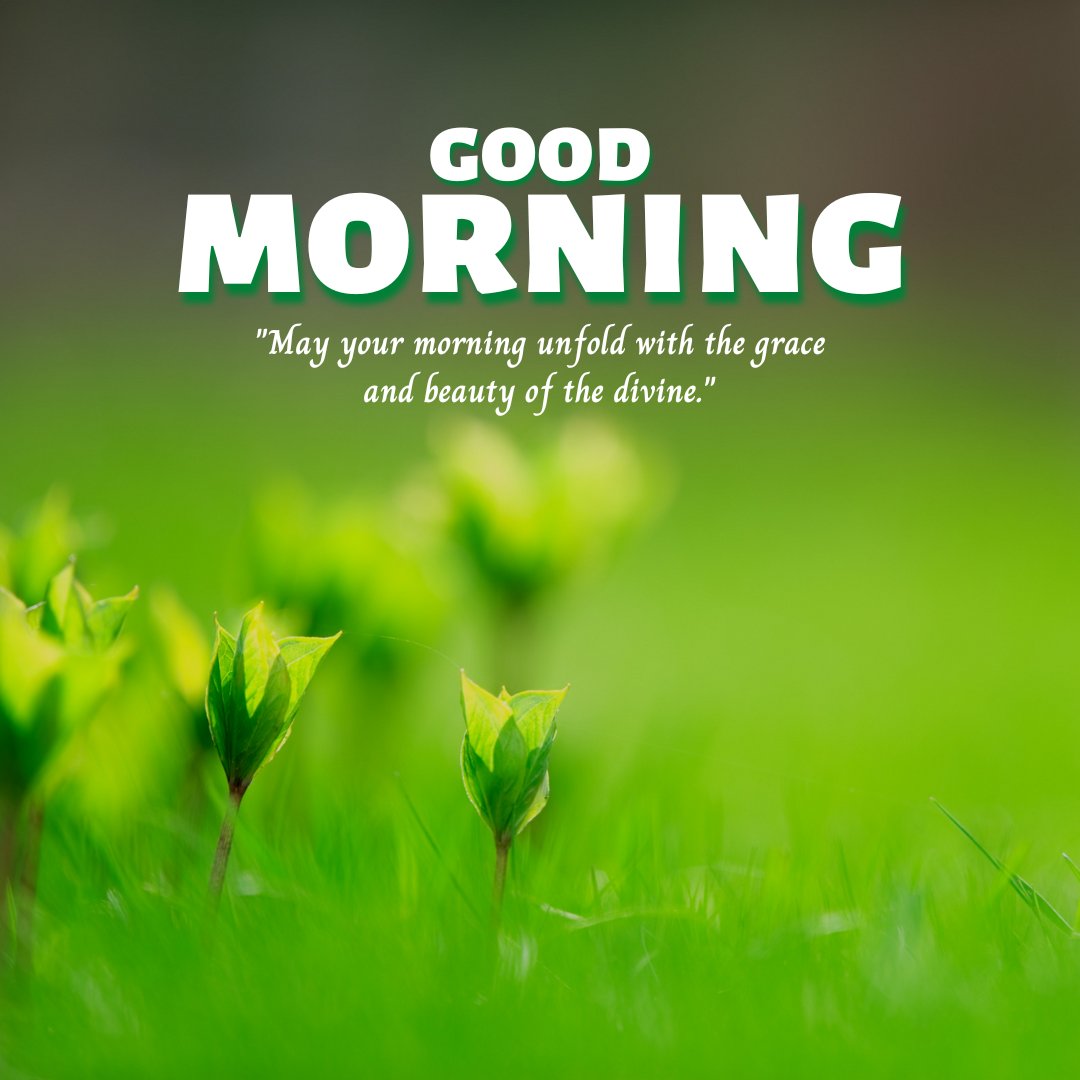 Good morning blessings image of vibrant green shoots emerging from the ground with a Good Morning quote about the grace and beauty of the divine, symbolizing new beginnings and growth.