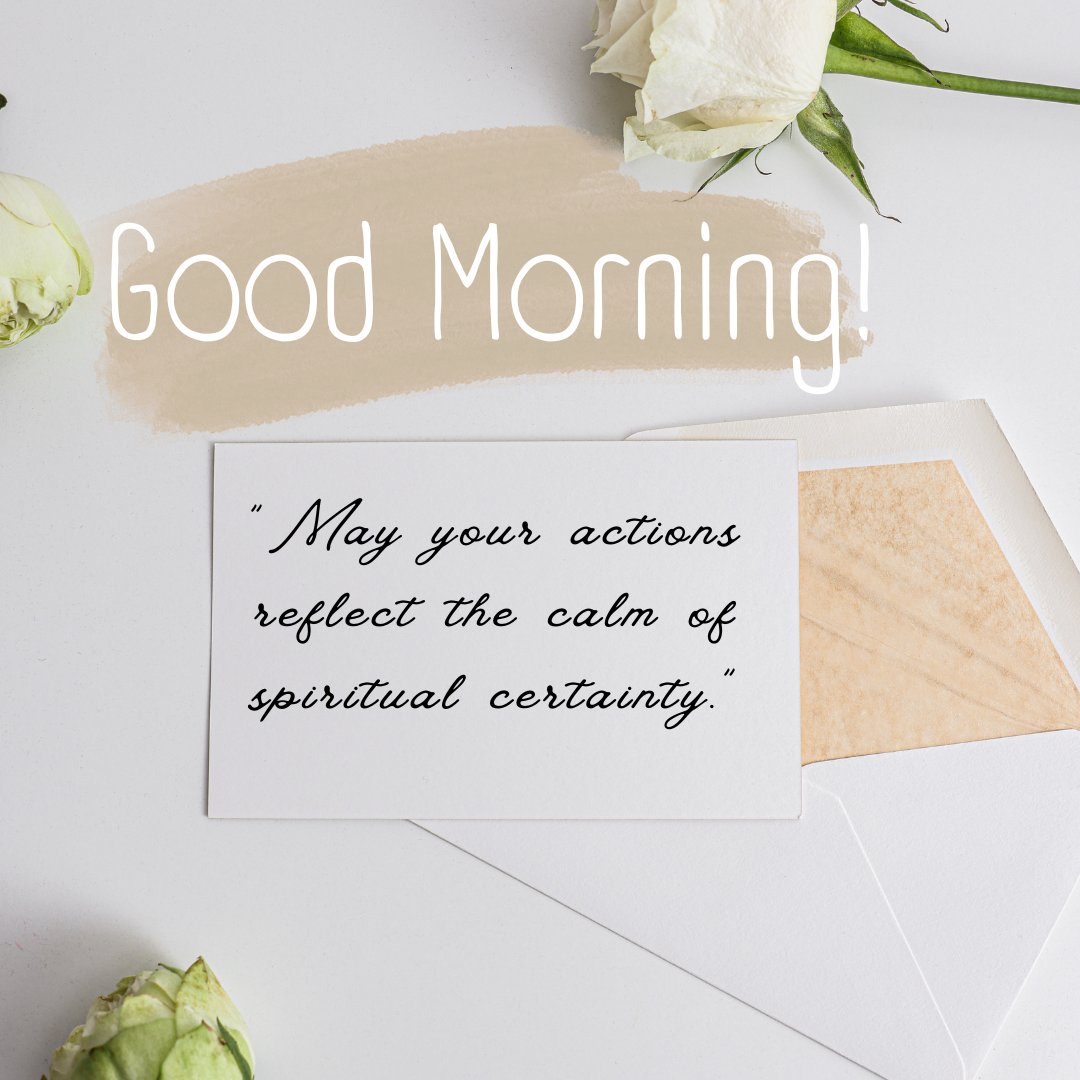 Good morning blessings image featuring a minimalist composition with a handwritten quote on a card, a white rose, and green artichokes on a white background, invoking calm and spiritual certainty.