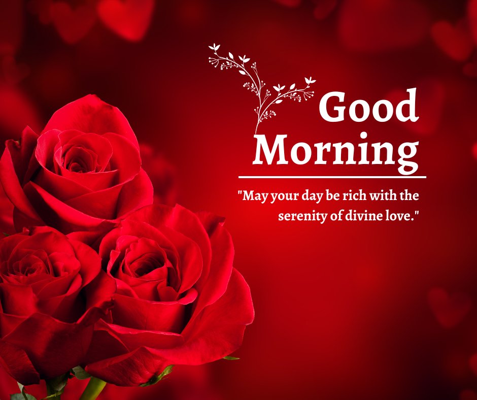 Good morning blessings image of vibrant red roses against a deep red background with an inspirational quote wishing for a day rich with the serenity of divine love.