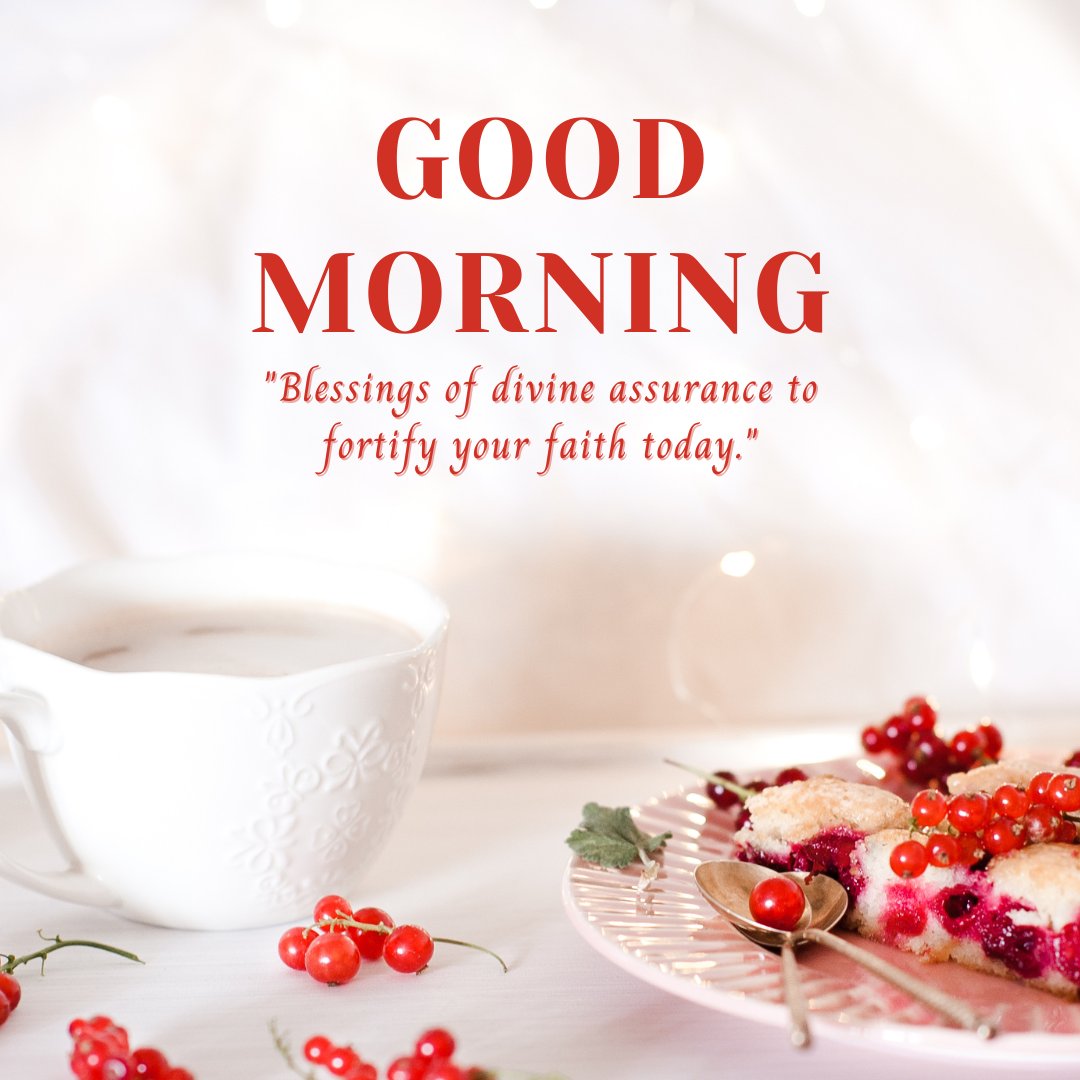 Good morning blessings image with a white cup of tea and freshly baked berry pastries on a plate, adorned with red currants, conveying a message of divine assurance.