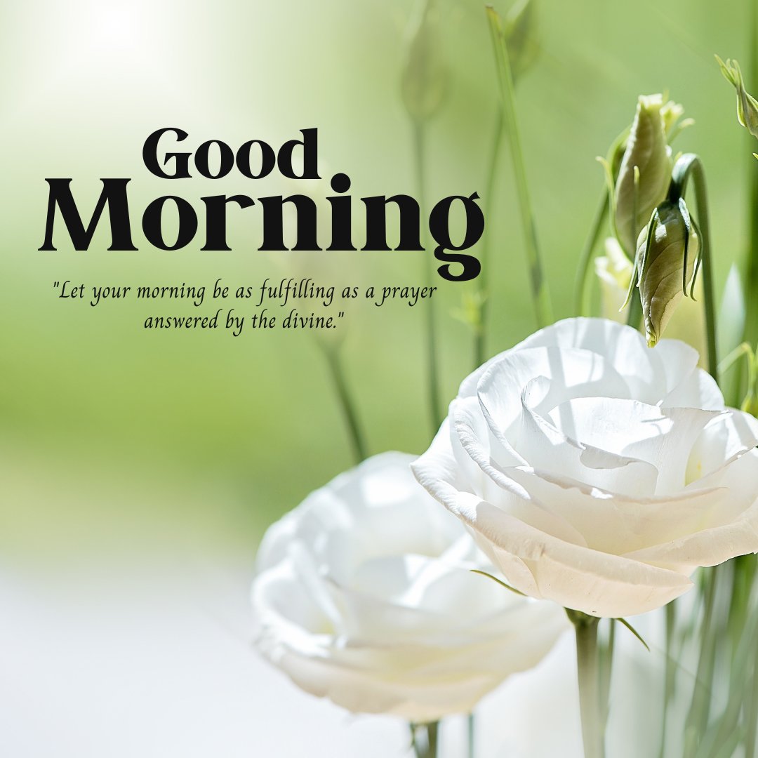 Good morning blessings image showcasing a close-up of delicate white roses against a soft green background, with a quote about the morning being as fulfilling as a prayer answered by the divine.