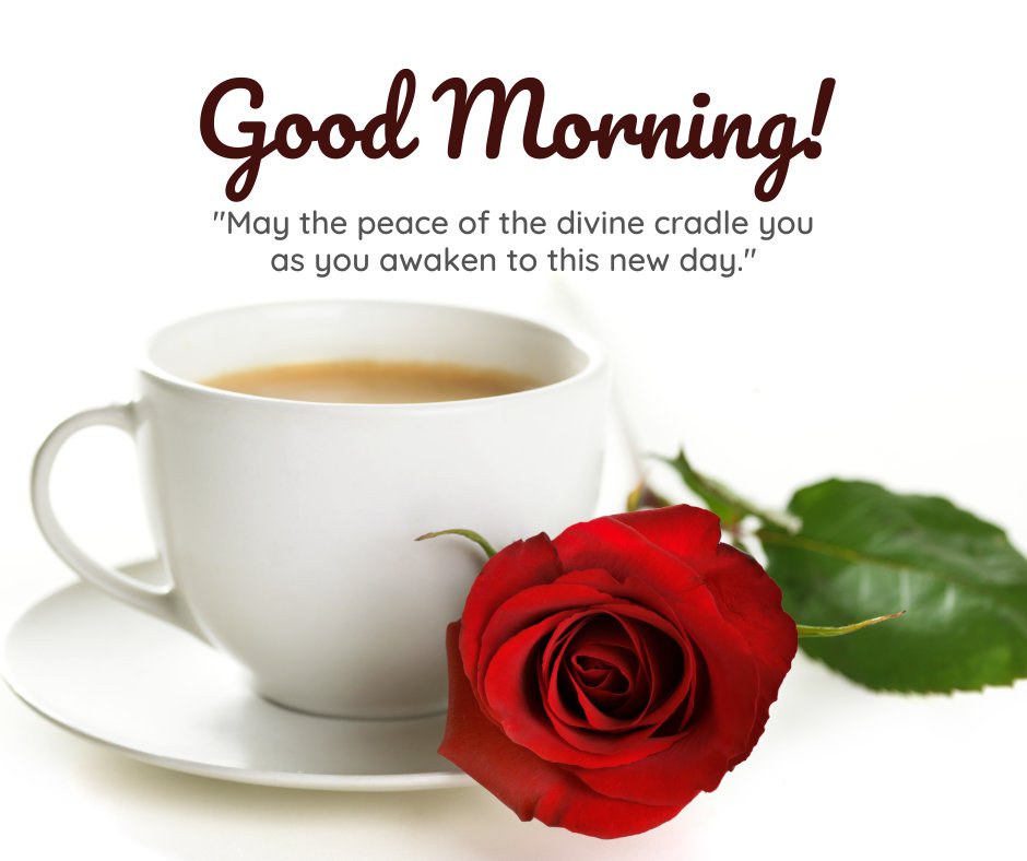 Good morning blessings image of a white coffee cup full of coffee, paired with a vivid red rose on a white background, accompanied by a quote wishing for peace from the divine as you awaken to a new day.