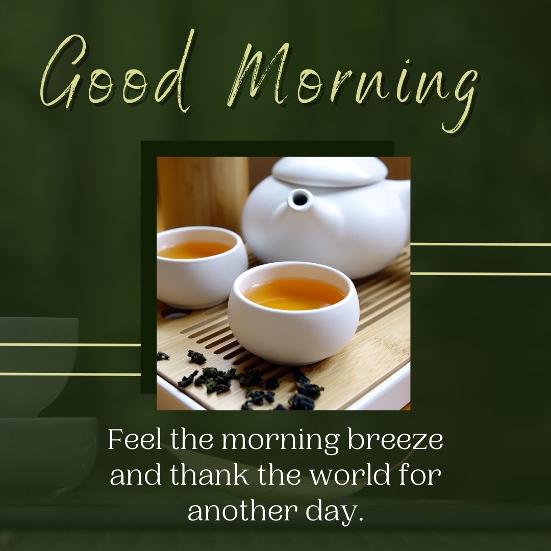 Good morning tea image showing a tranquil tea setup with a white teapot and two cups of steaming tea, surrounded by loose tea leaves on a wooden surface, set against a soft green background, invoking a peaceful morning.