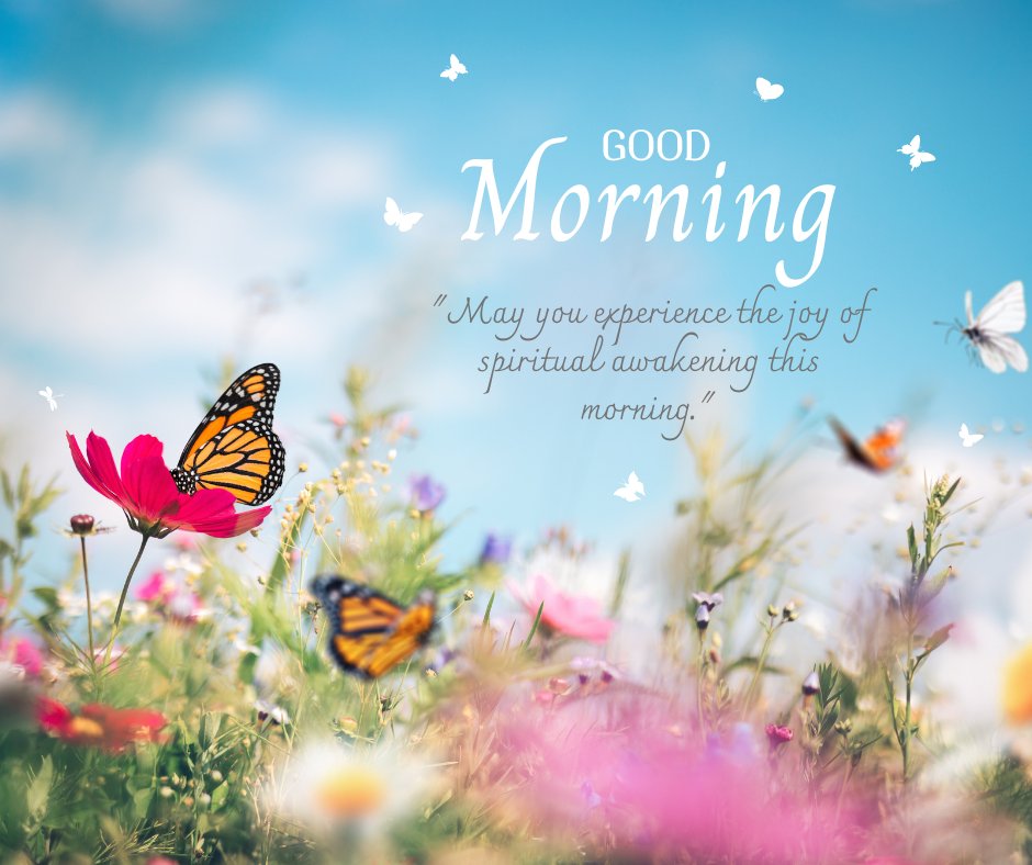 Good morning blessings image featuring vibrant butterflies fluttering over a colorful wildflower meadow under a clear blue sky, accompanied by a greeting and a quote about experiencing spiritual awakening.