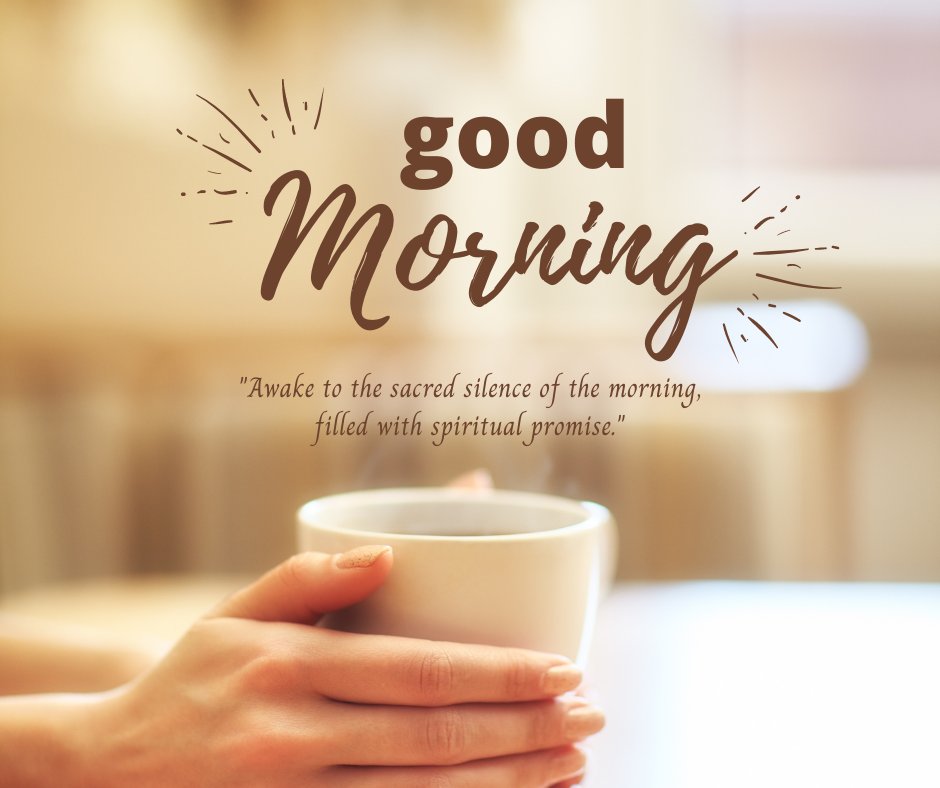 Good morning blessings image of a person holding a warm cup of coffee, with a 'Good Morning' greeting and a quote about awakening to the sacred silence filled with spiritual promise.