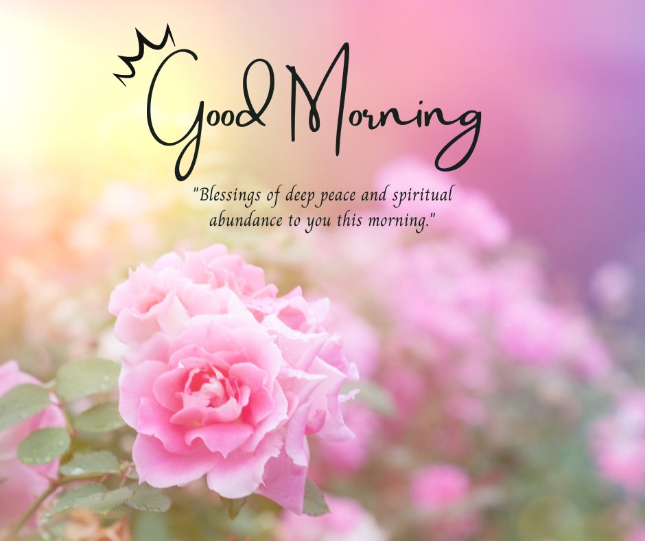 Good morning blessings image featuring a vibrant pink rose in full bloom with a soft, glowing background, accompanied by a 'Good Morning' greeting and a quote about receiving deep peace and spiritual abundance.