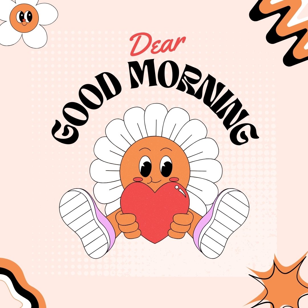 Good morning dear images featuring a cartoon daisy holding a red heart, surrounded by playful flower characters on a pastel pink dotted background, conveying a cheerful and loving message.