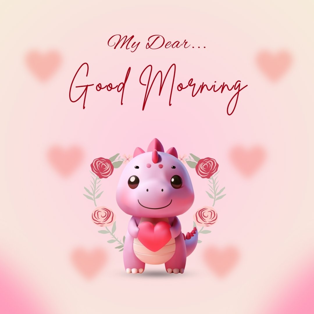 Good morning dear image featuring a cheerful cartoon dinosaur holding a heart, surrounded by roses on a soft pink background with floating hearts, and the phrase 'My Dear... Good Morning' elegantly scripted above.