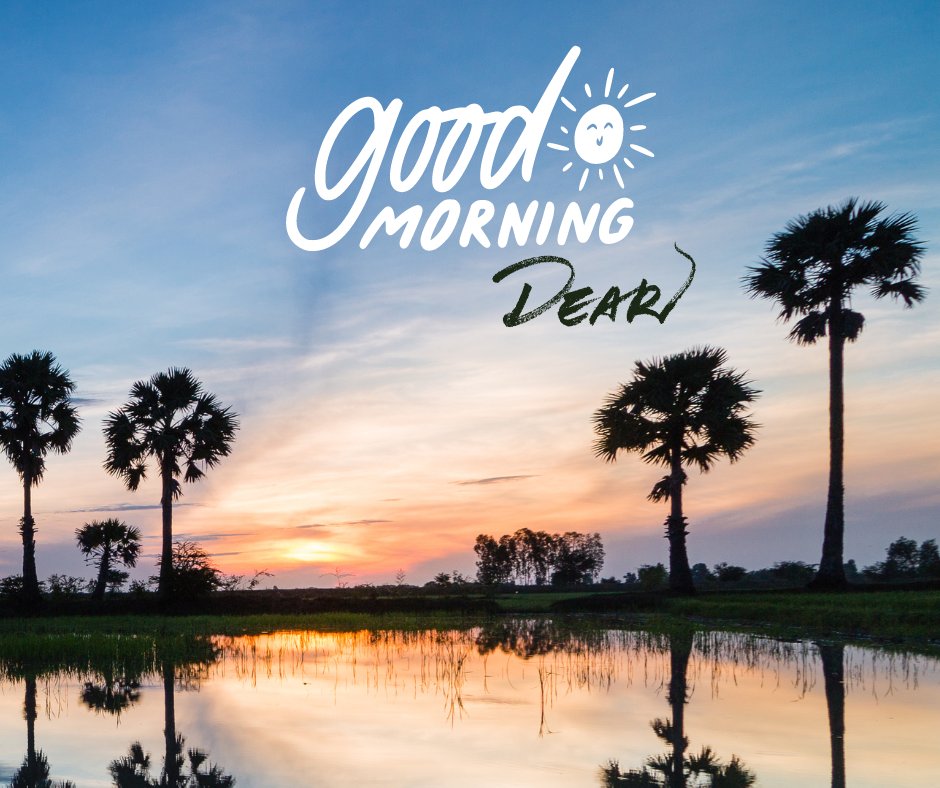 Good morning dear image showcasing a serene sunrise scene with tall palm trees silhouetted against a vibrant sky reflecting in a tranquil water body. The sky is painted in shades of orange and blue, providing a backdrop for the whimsical 'Good Morning Dear' text adorned with a simple sun and smiley design.