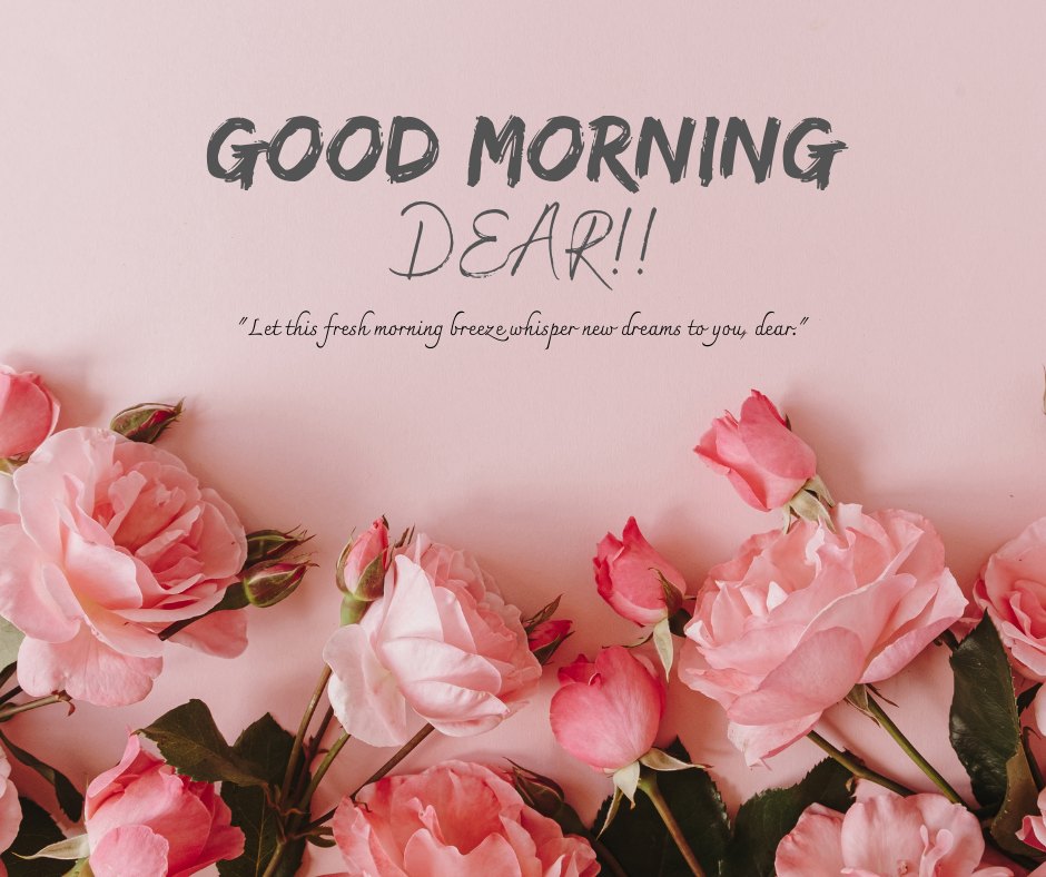 Good morning dear image featuring a cluster of delicate pink roses scattered across a soft pink background, with the greeting 'GOOD MORNING DEAR!!' and an inspirational quote encouraging new dreams.