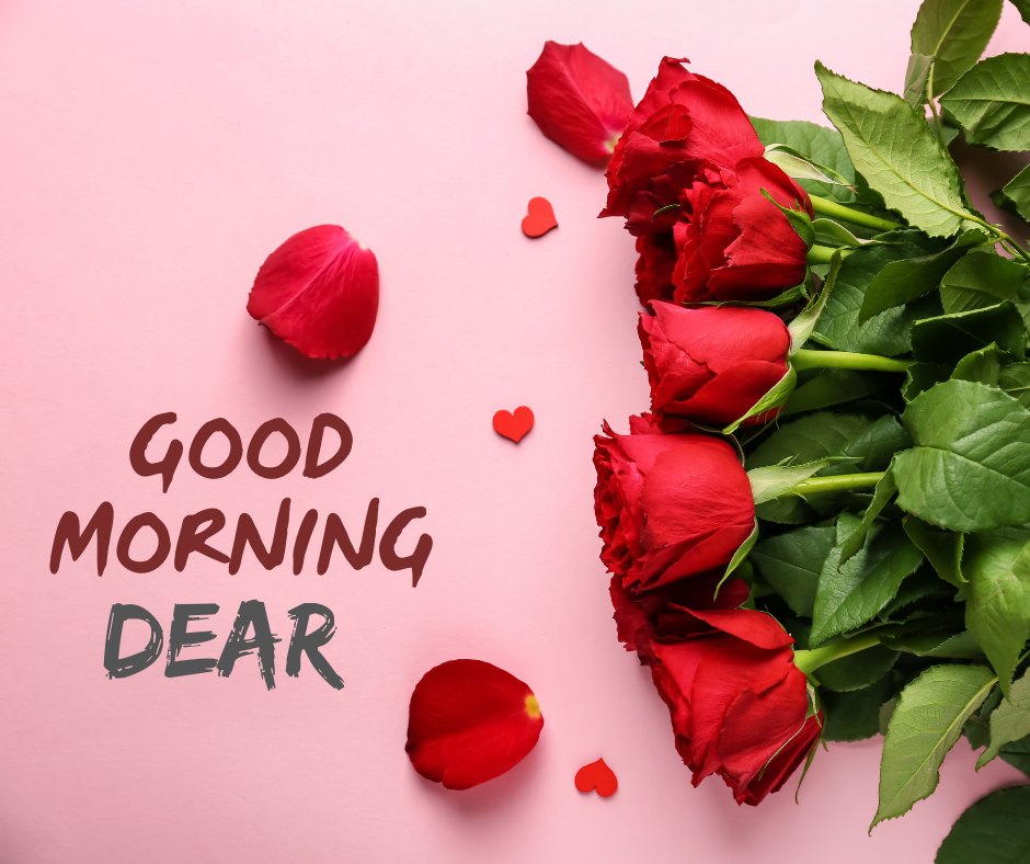 Good morning dear images of vibrant red roses with scattered petals and small hearts on a soft pink background, evoking a warm and affectionate greeting.