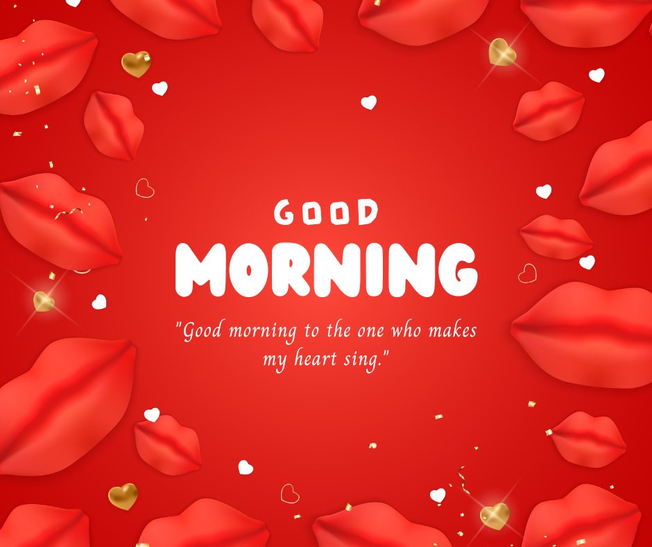 Good morning heart image with vibrant red background, adorned with scattered pillow-shaped lips and small hearts, featuring the phrase 'Good Morning' and the quote 'Good morning to the one who makes my heart sing.'