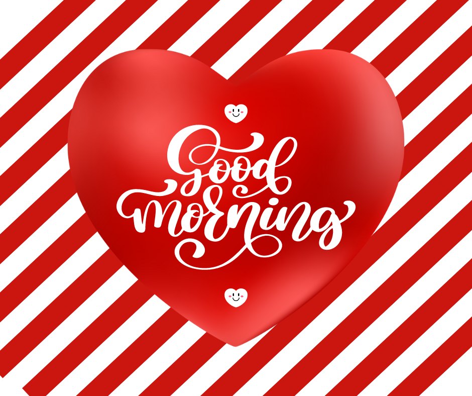 Good morning heart image with a vibrant red heart on a striking red and white striped background, featuring the white calligraphy text 'Good Morning' and smiling button icons.