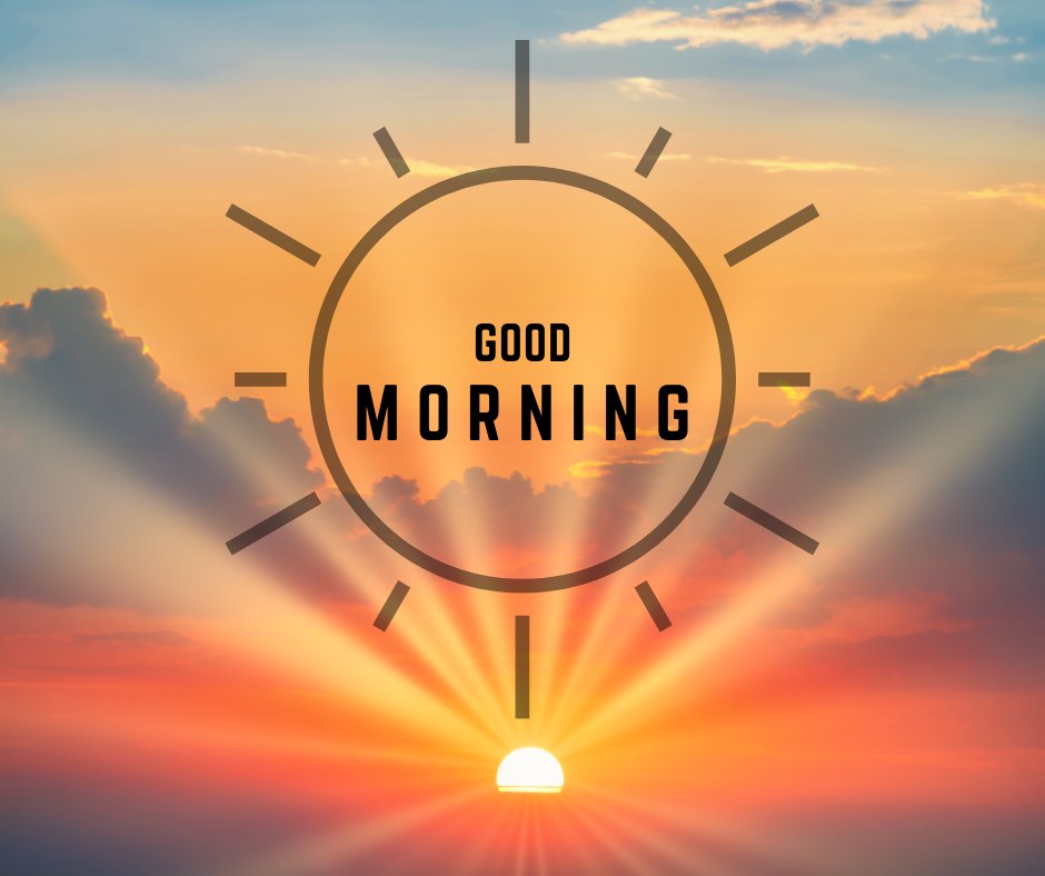 Good morning nature image of a stunning sunrise with sunbeams piercing through clouds, featuring a bold 'GOOD MORNING' text within a circular design.