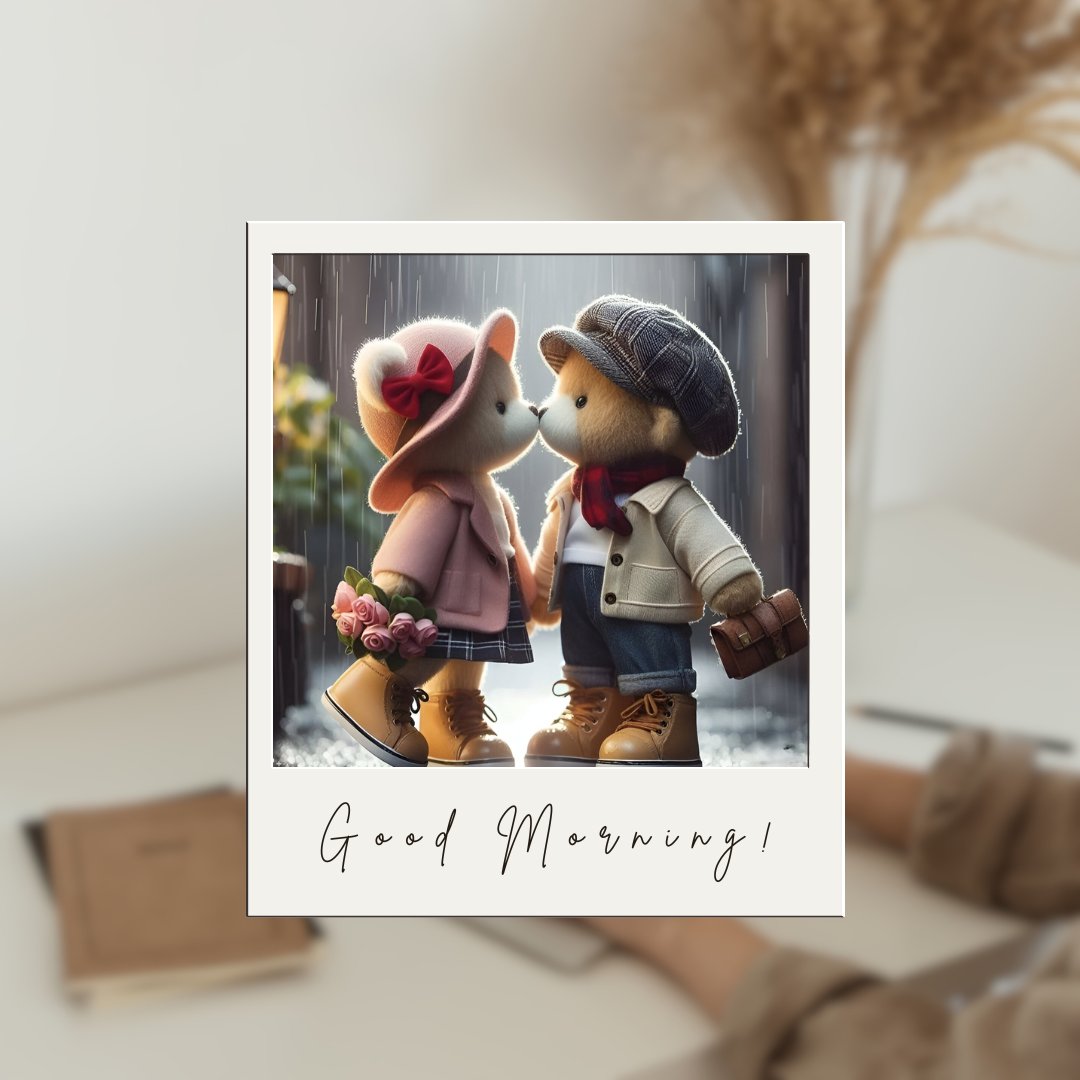 Two teddy bears in stylish outfits sharing a romantic moment under a simulated rain, with the female bear in a pink coat and hat, holding roses, and the male bear in a tan jacket and cap, carrying a briefcase. The scene, framed against a window with raindrops, is captioned "Good Morning!"