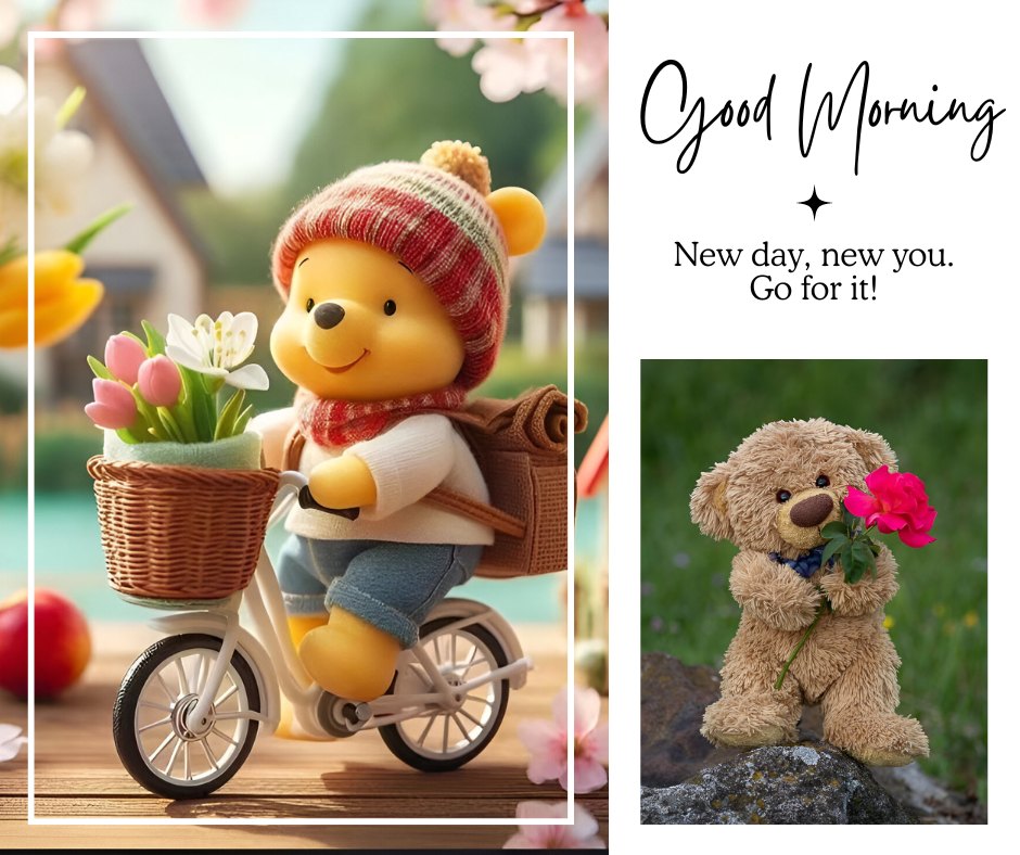 A collage of two images: On the left, a cheerful teddy bear in a knit cap rides a bicycle, carrying a basket of fresh tulips, and on the right, another teddy bear holds a vibrant pink rose. Both set against serene garden backdrops, with the message "Good Morning: New day, new you. Go for it!" encouraging a fresh, optimistic start to the day.