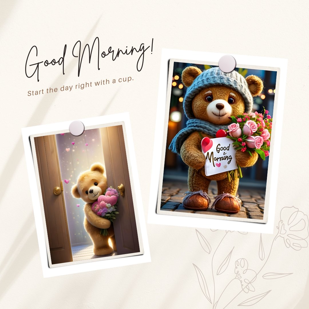 A collage featuring two teddy bears in separate frames; one peeks out of a wooden door holding a heart, and another dressed in a knitted hat and scarf, holding a bouquet and a 'Good Morning' card. The setting suggests a cozy, inviting start to the day with the message, "Start the day right with a cup."