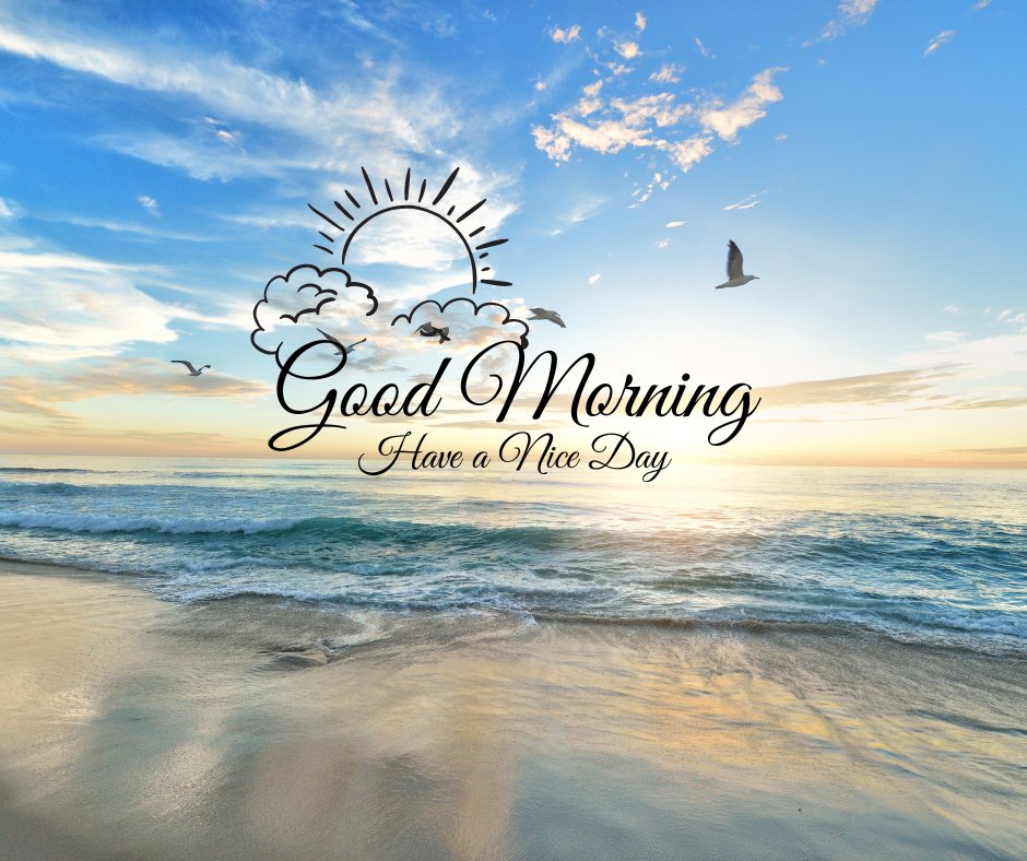 A picturesque beach scene at sunrise, with gentle waves lapping the shore and a few seagulls soaring in the sky. The image features the text "Good Morning Have a Nice Day" overlaid in elegant script, perfect for Good Morning Have a Nice Day Images, accompanied by a sun and cloud illustration.