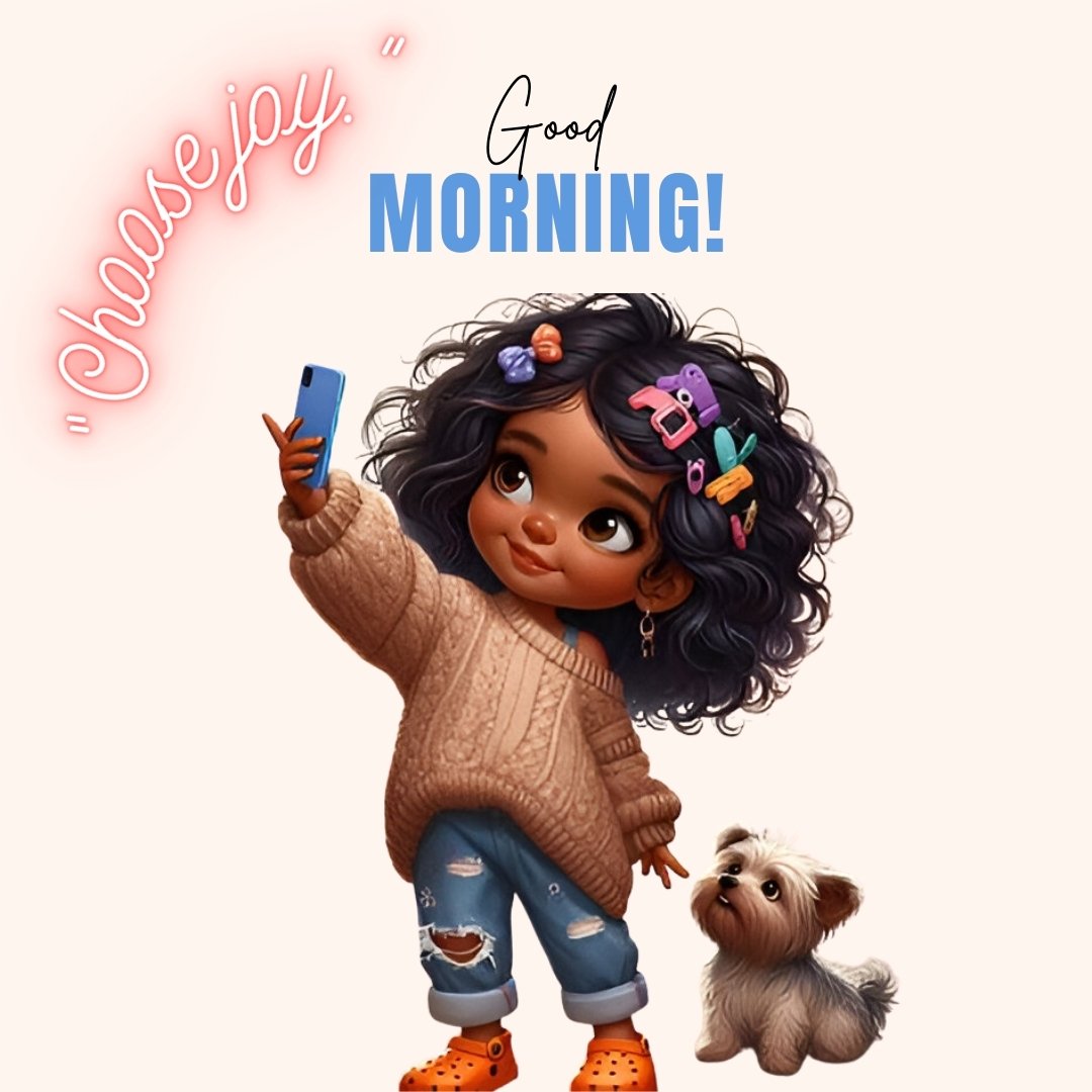 African American good morning image featuring a joyful little girl with colorful hair clips, taking a selfie with her smartphone. She wears a cozy sweater and jeans, accompanied by a small dog looking up at her, set against a soft pink background.