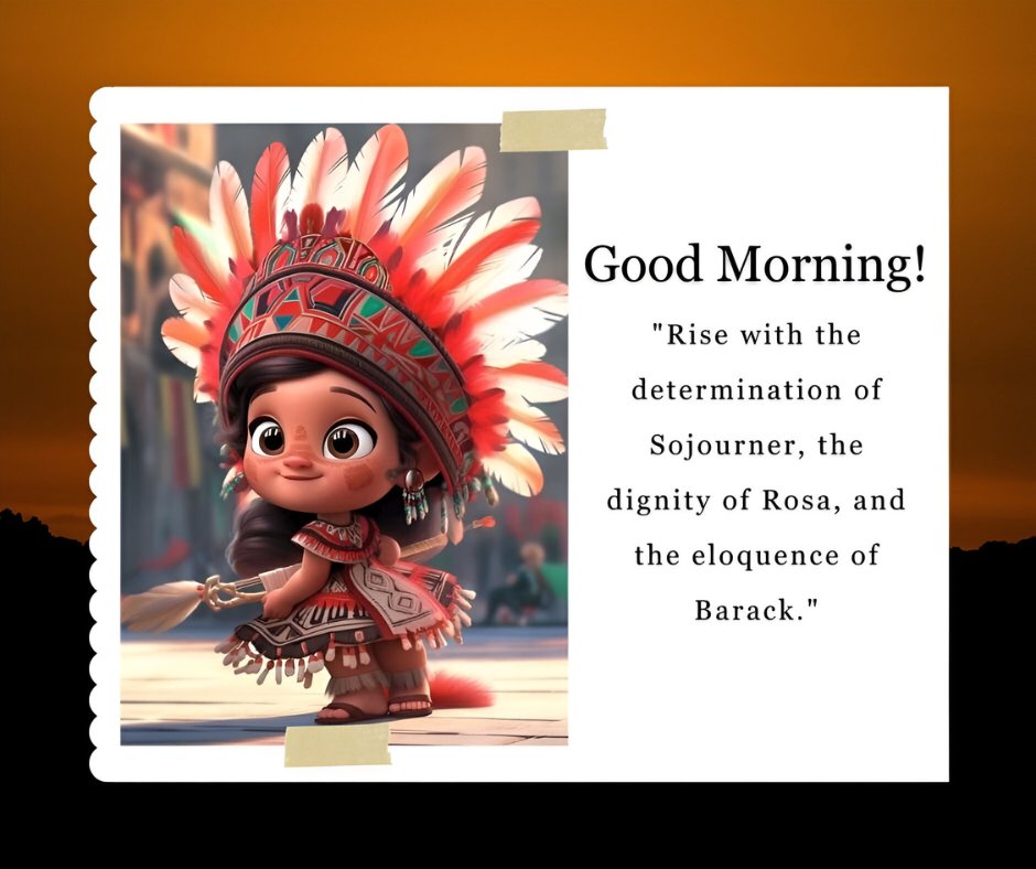 African American good morning image depicting a young girl dressed in a Native American headdress, expressing joy and movement, set against an urban sunrise backdrop, with a quote about rising with the spirit of historic leaders.