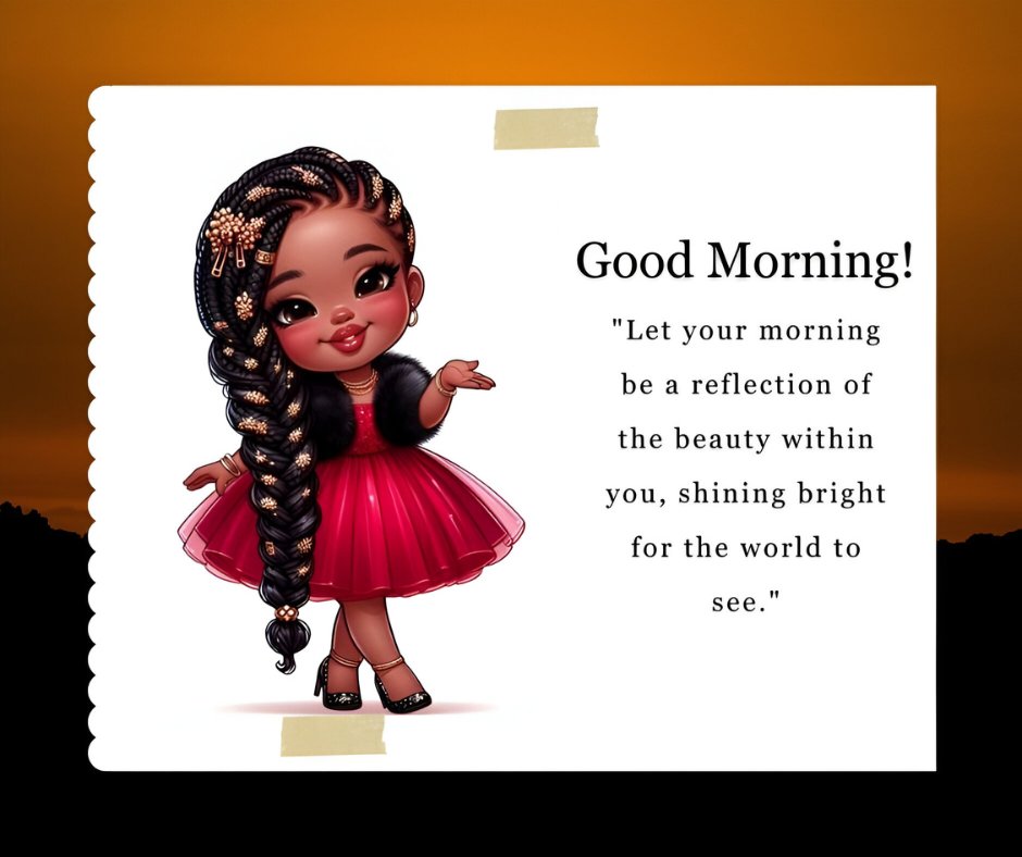 African American good morning image featuring a cheerful young girl in a radiant red dress with intricate braids adorned with gold beads, waving hello, set against a sunrise background with an inspiring quote about inner beauty.