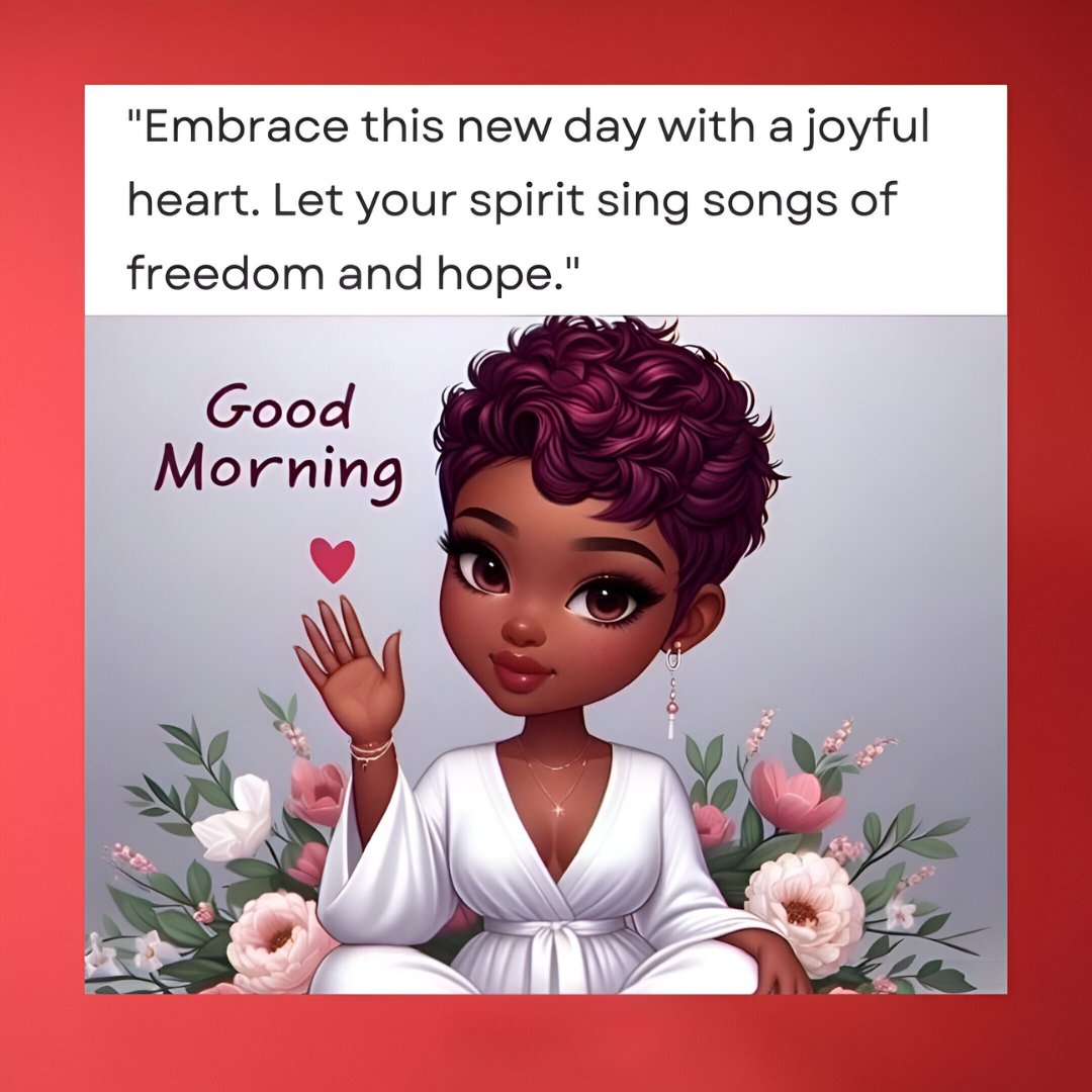 African American good morning image featuring a cartoon-style young woman with vibrant purple hair in a white dress, waving hello amidst a backdrop of delicate flowers, with an inspirational morning quote.