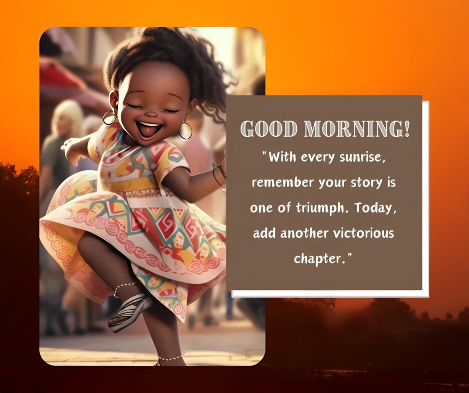 African American good morning image featuring a joyful young girl in a colorful dress dancing on a city street at sunrise, with an inspirational quote about triumph and victory.