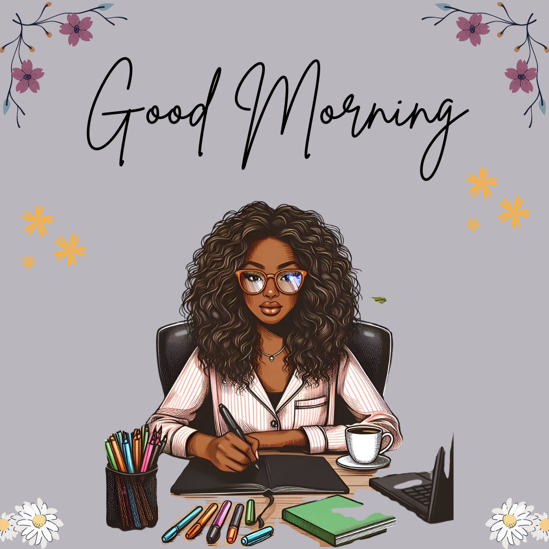 African American good morning image depicting a professional young woman with curly hair, wearing glasses, working at her desk surrounded by flowers, emphasizing a productive and peaceful start to the day.