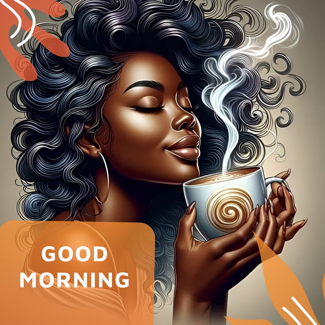 African American good morning image of a serene woman with flowing curly hair, gently holding a steaming cup of coffee, embodying peace and mindfulness as she enjoys her morning.