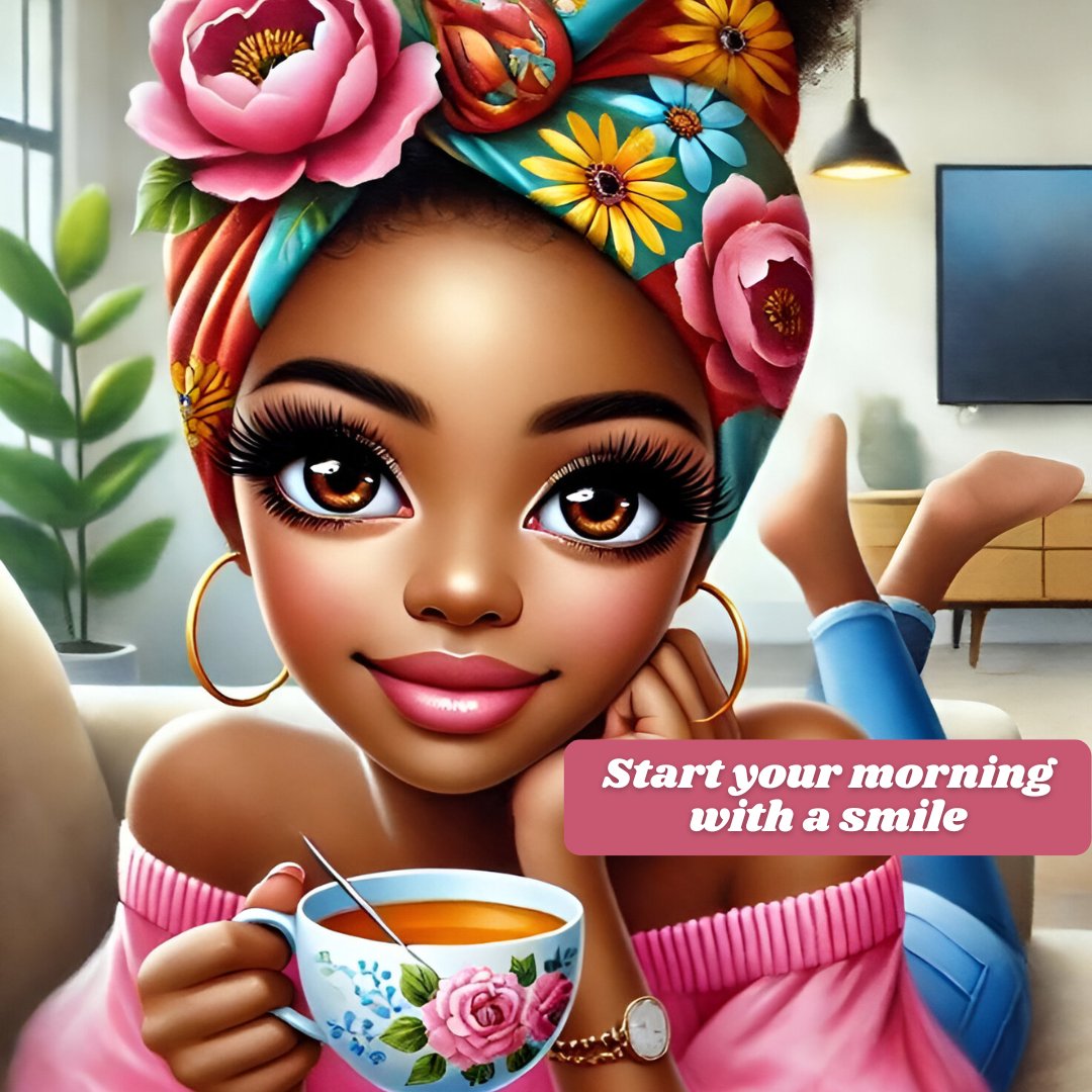 African American good morning image featuring a young woman with a vibrant floral headwrap, holding a tea cup, smiling warmly in a cozy living room, promoting a joyful start to the day.