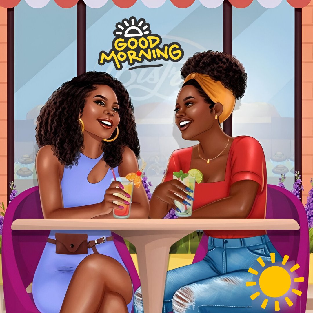 African American good morning image featuring two cheerful women enjoying refreshing drinks at a vibrant outdoor café, engaging in a lively conversation, with a sunny, floral backdrop enhancing the joyful morning mood.