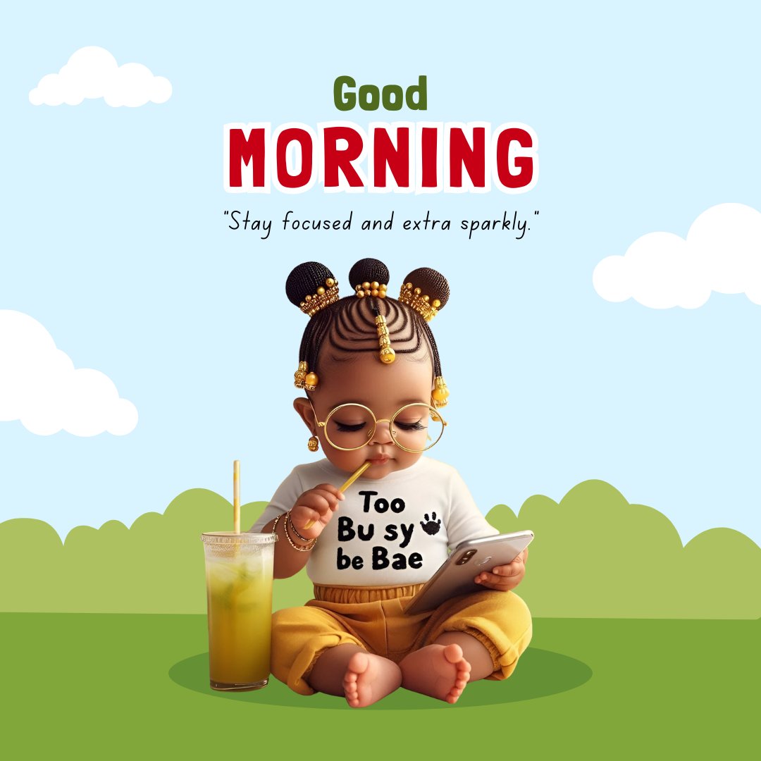 African American good morning image of a cute toddler in yellow pants and a white shirt, wearing gold bead hair accessories and glasses, intently looking at a tablet while sipping a drink from a straw beside a glass of lemonade.