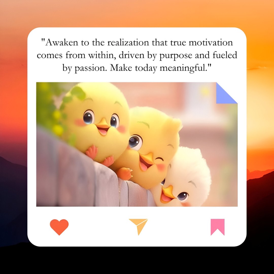 Good Morning Cartoon Image of three cheerful chicks peeking over a wall, bathed in the warm glow of a sunrise, with an inspirational quote about finding true motivation from within.