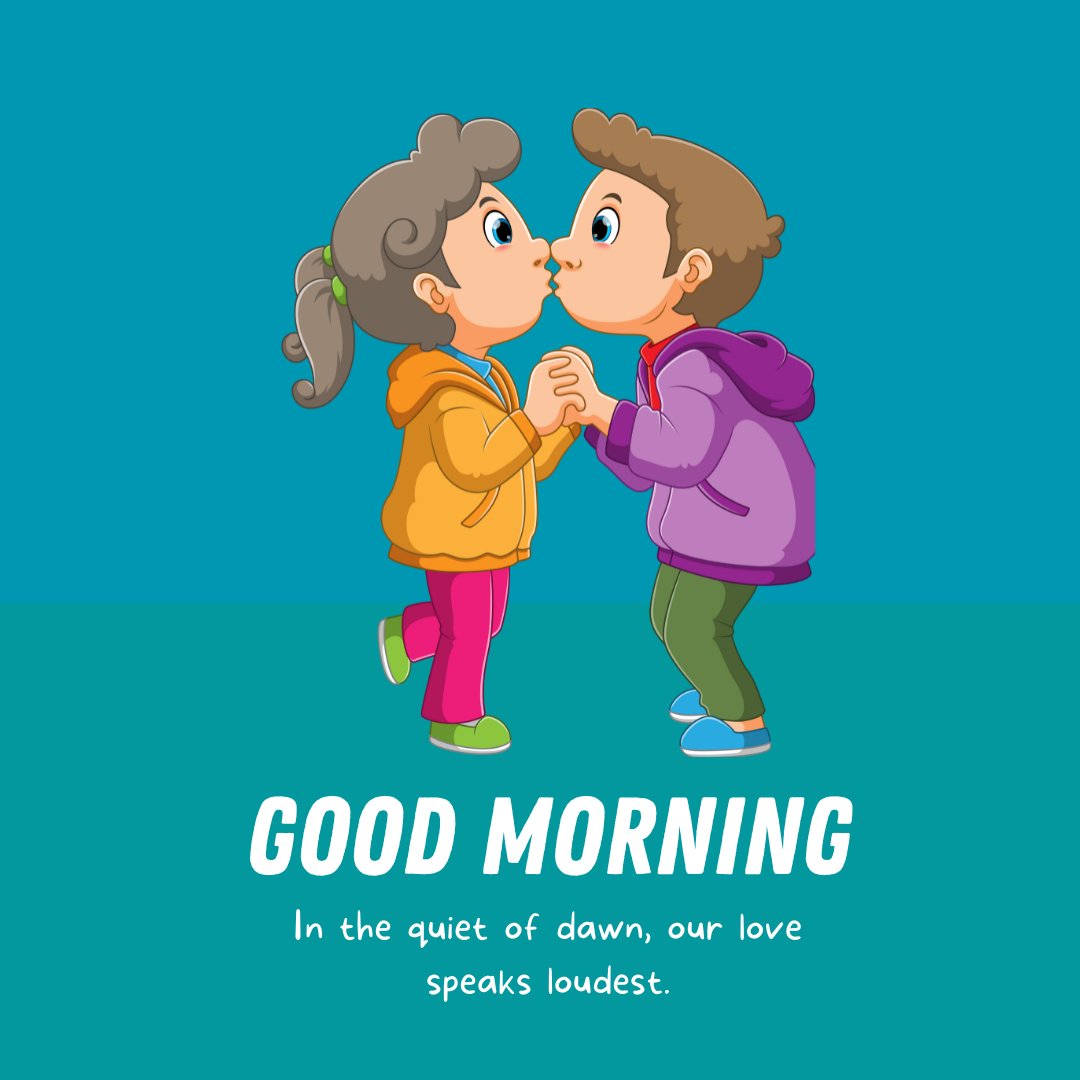 Good Morning Kiss Image of two adorable children sharing a gentle kiss, dressed in colorful jackets against a vibrant turquoise background, conveying the innocence and sweetness of early love.