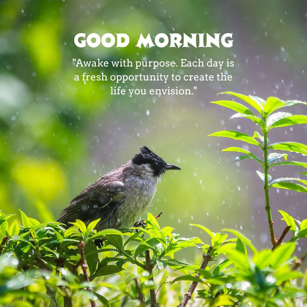 Good Morning Bird Image featuring a wet bird perched on green foliage in a garden, with droplets of water in the background and the text 'Good Morning' and 'Awake with purpose. Each day is a fresh opportunity to create the life you envision.'