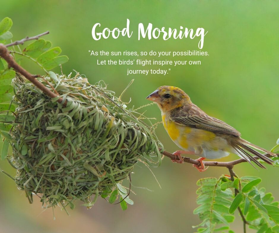 Good Morning Bird Image showcasing a yellow bird perched beside its intricately woven nest on a leafy branch, with text 'Good Morning' and a motivational quote about the inspirations of birds' flight and new possibilities.