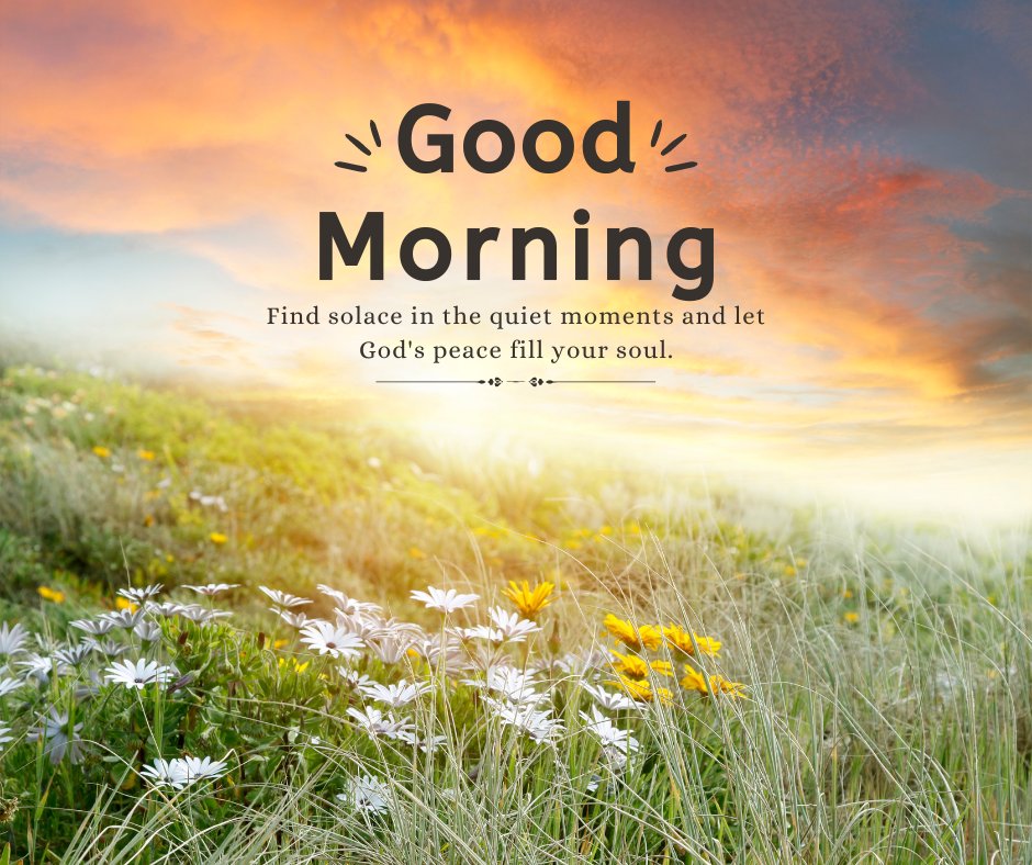 Peaceful spiritual good morning messages with a sunrise over a meadow filled with flowers and the text: "Good Morning. Find solace in the quiet moments and let God's peace fill your soul."